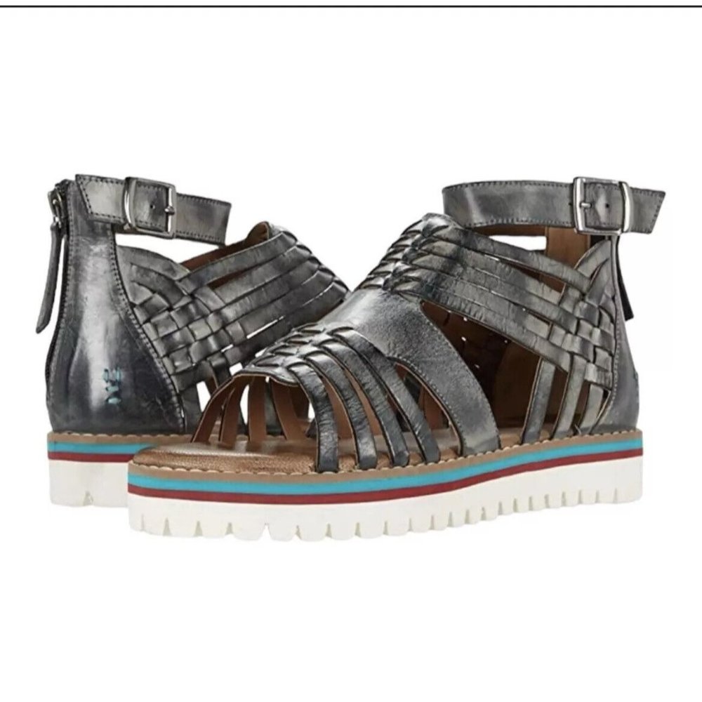 Bed Stu Metallic Gunmetal Woven Ankle Strap Sandals with Multicolor Platform